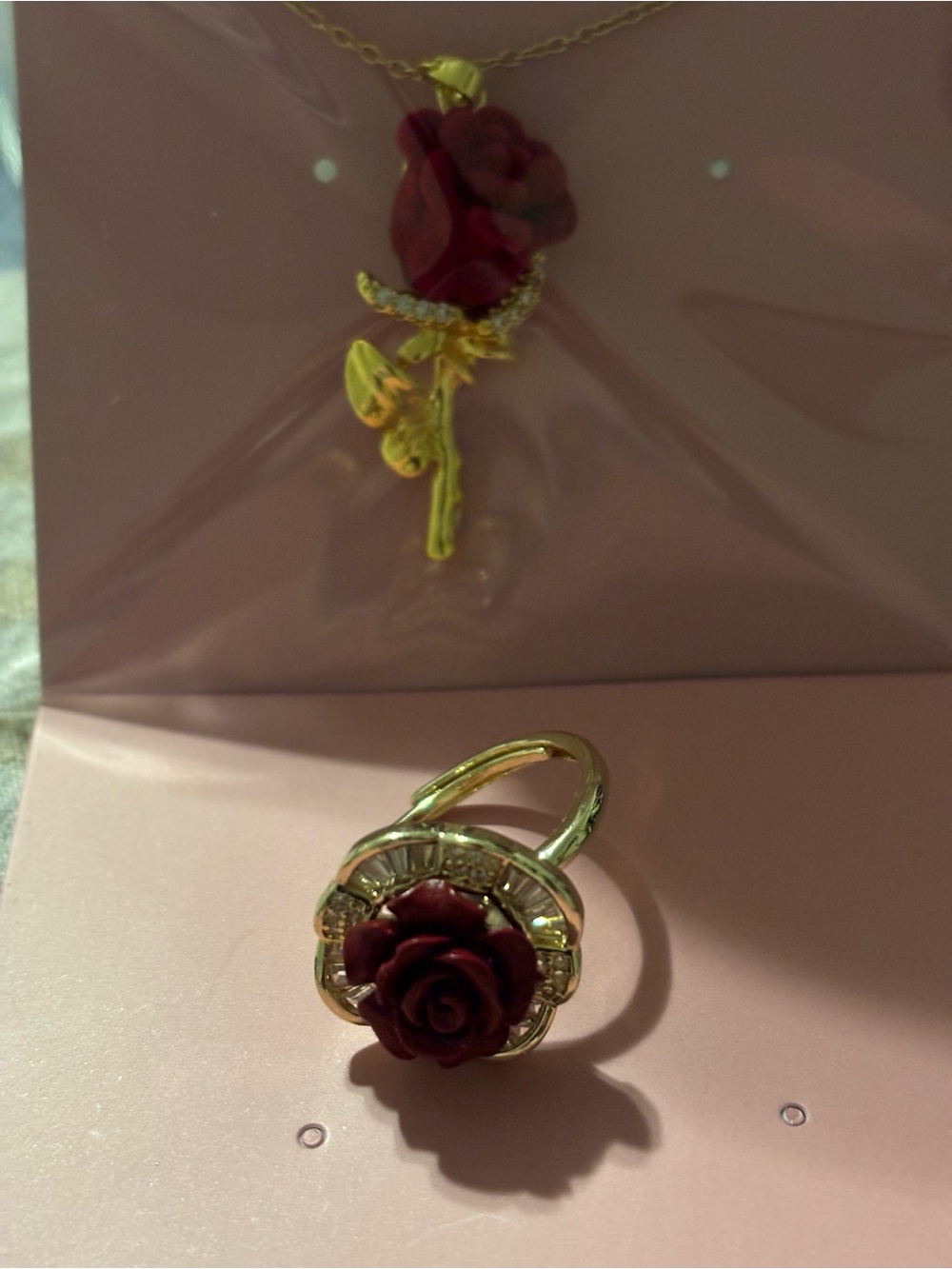 Gold-Tone Red Rose Statement Ring and Necklace Set NWOT